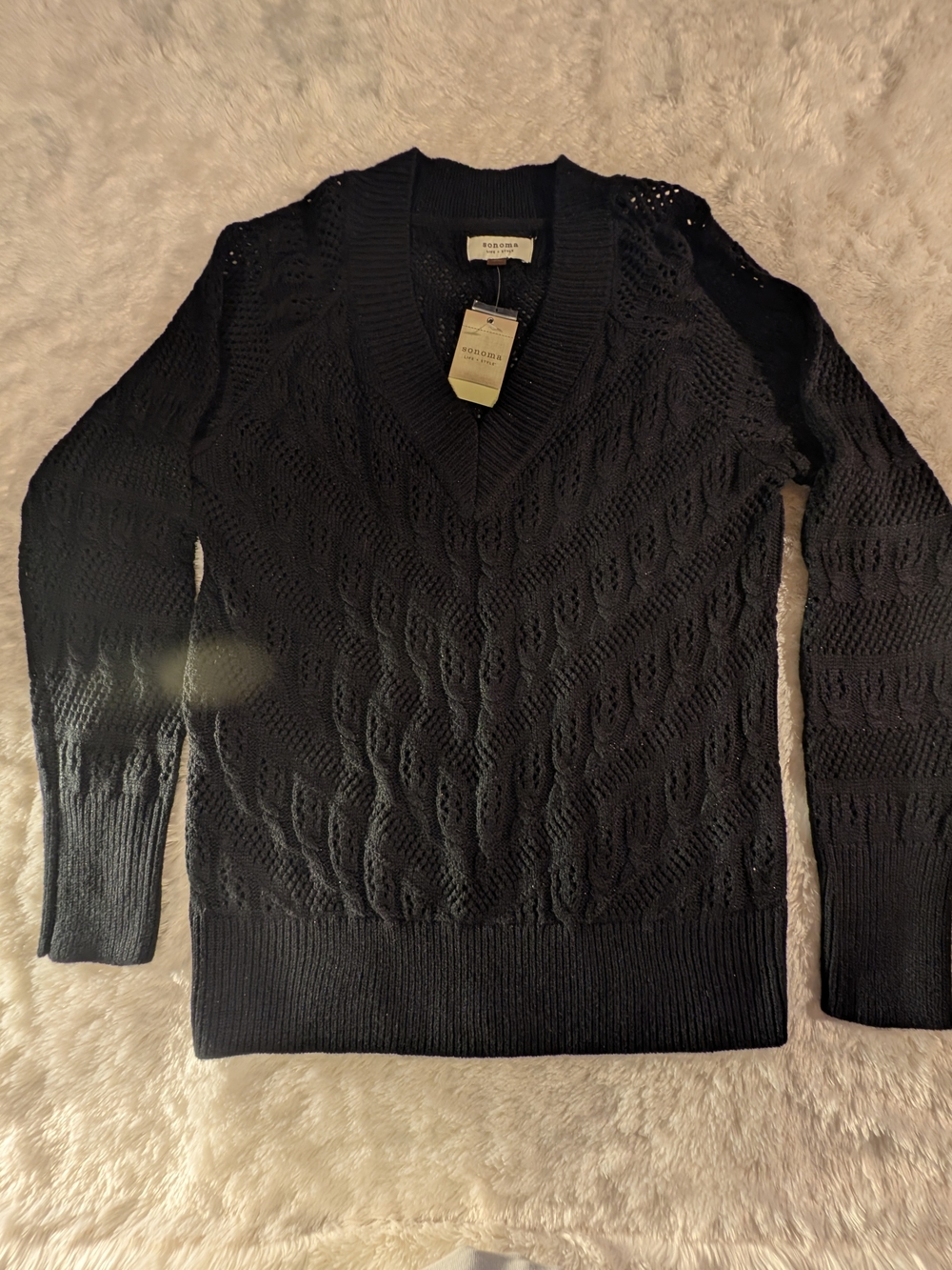 Sonoma Black V-Neck Cable Stitch Sweater with Silver threading throughout